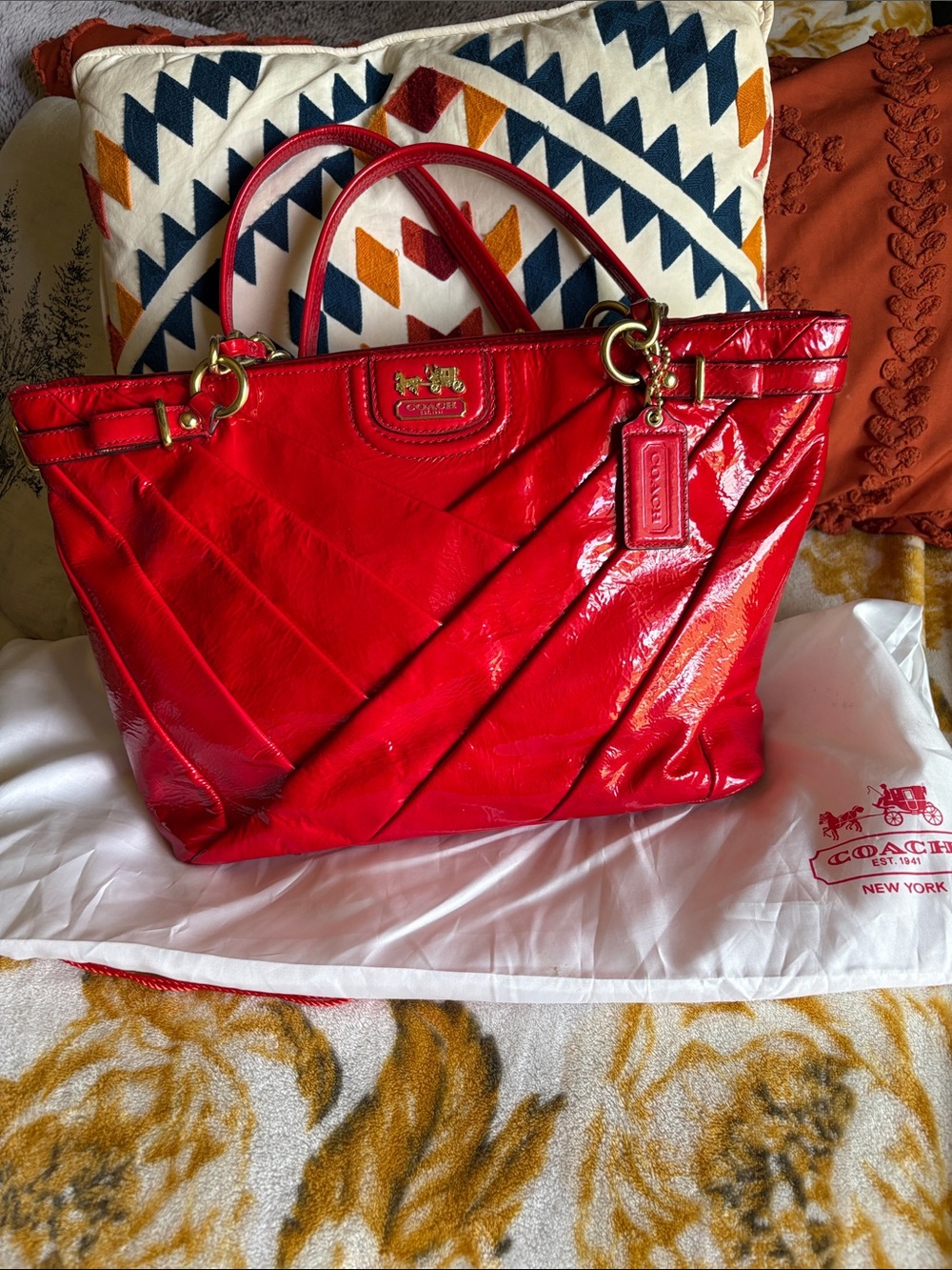 Coach Madison Red Patent Leather Tote with Gold Hardware and dust bag